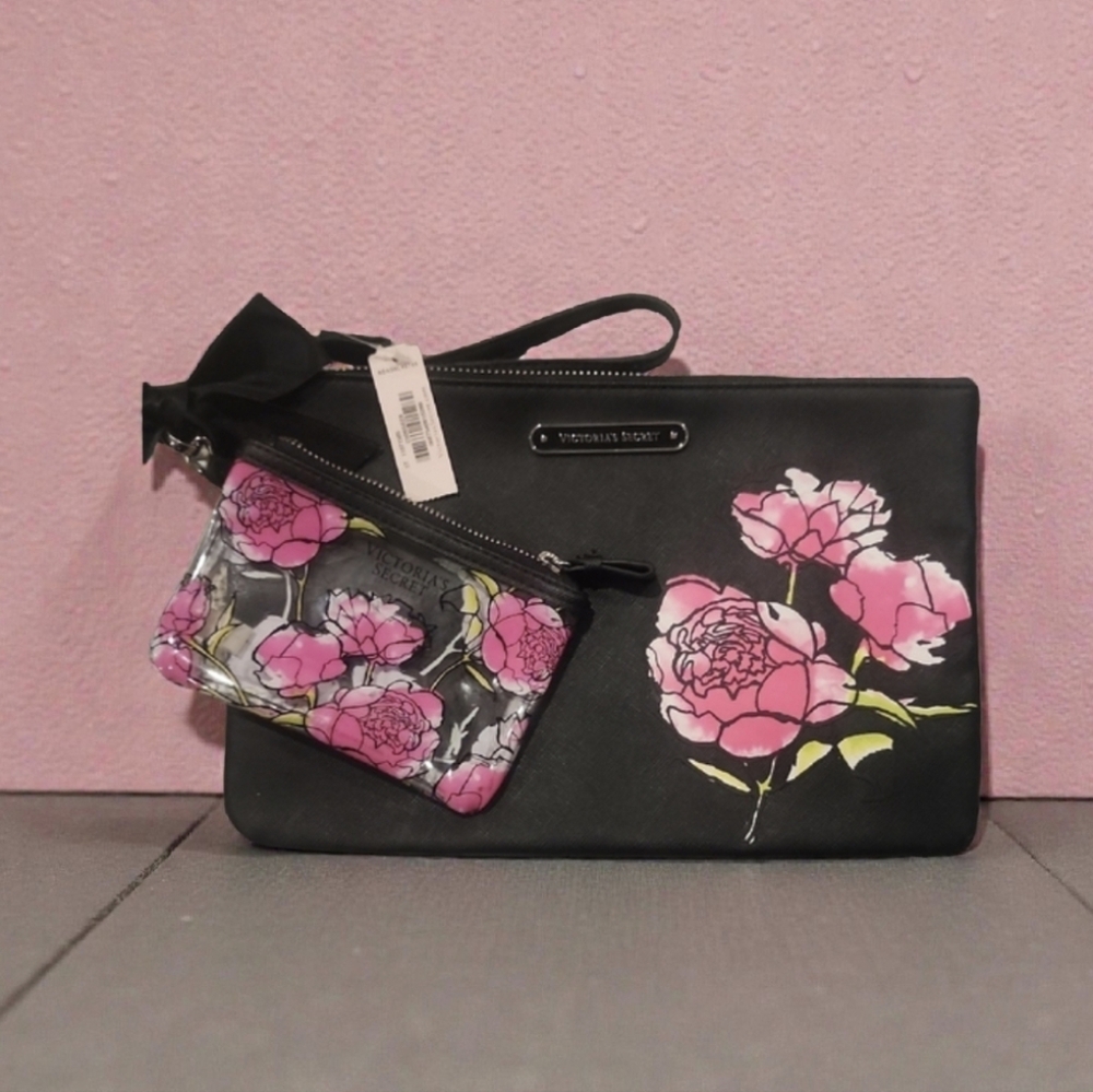 Victoria's Secret Black and Pink Floral  wristlete/clutch Set
